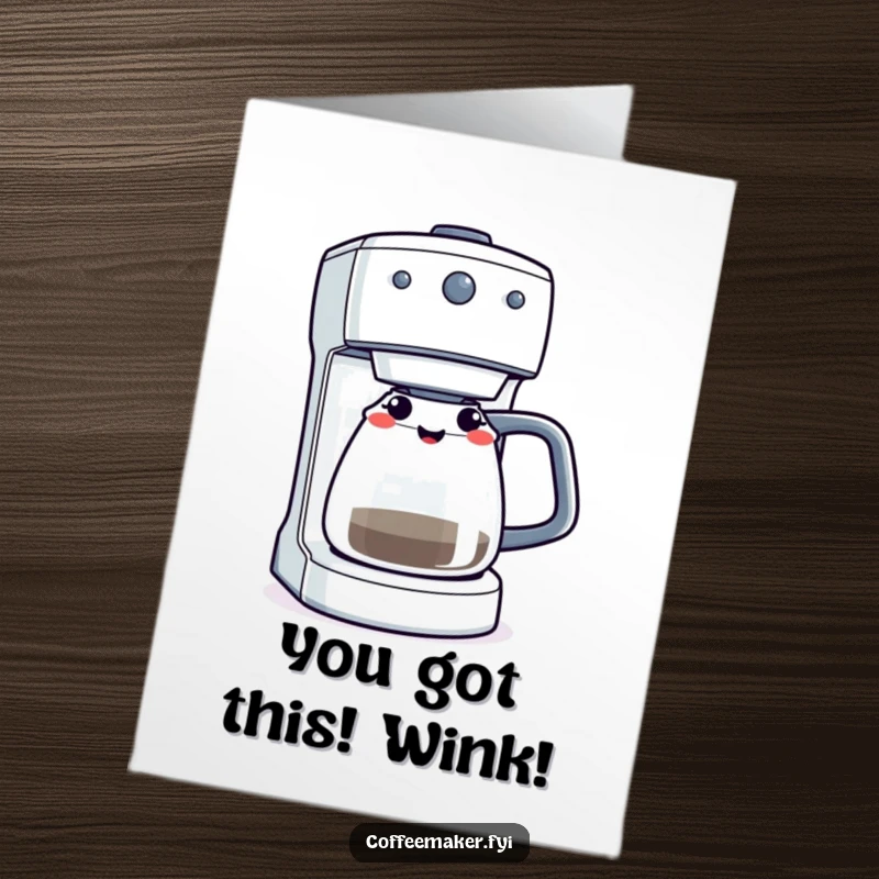 Funny Free Printable Congratulations Card: A coffee maker winks with its brewing light, acknowledging a job well done.