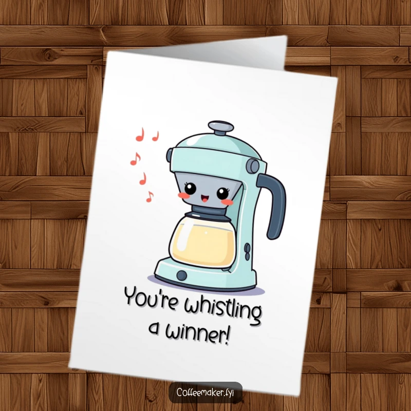 Funny Free Printable Congrats Card of a cheerful kawaii percolator whistling a silly tune, celebrating milestones with a happy melody.