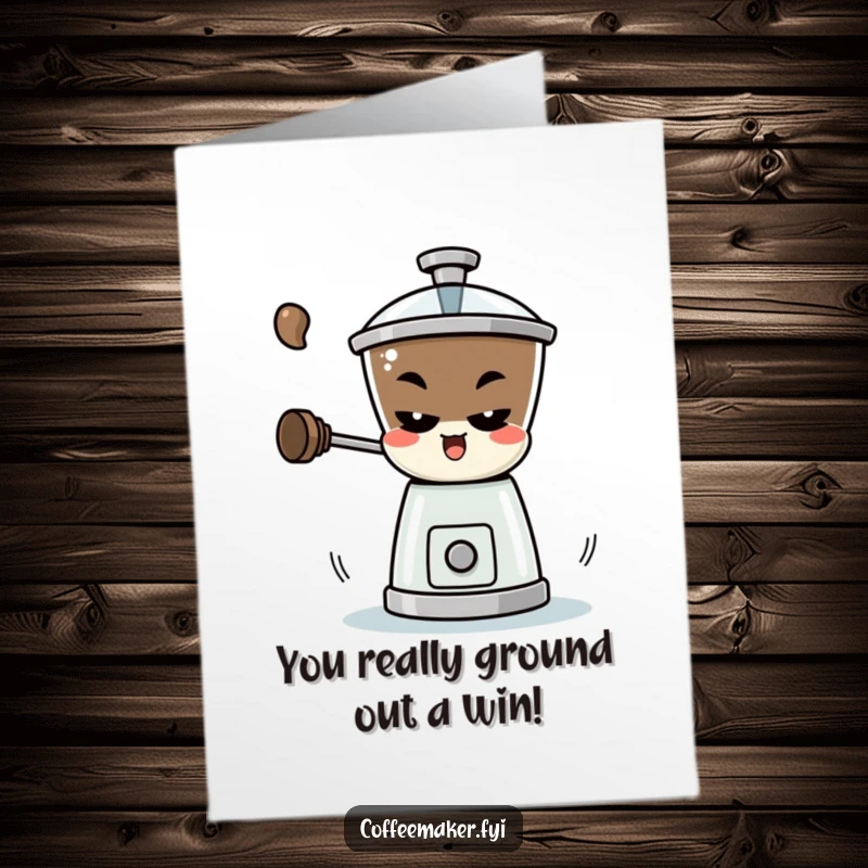 Funny Free Printable Congratulations Card: A mischievous coffee grinder character spins rapidly in celebration.