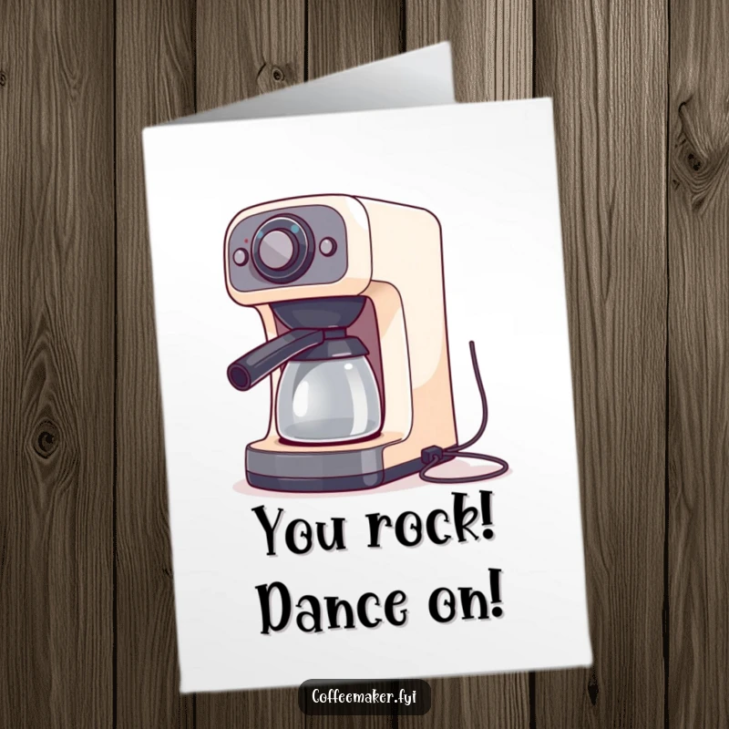 Funny Free Printable Congratulations Card: A coffee maker entertains with a silly dance, cords flailing in celebration.