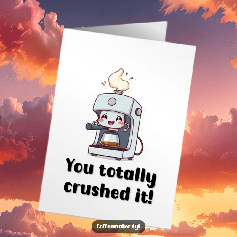 Funny Free Printable Congratulations Card: A grinning coffee machine character erupts in a celebratory steam geyser.