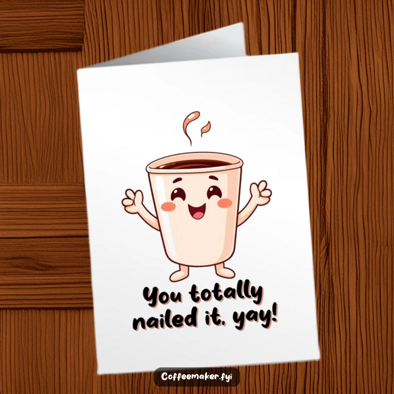 Funny Free Printable Congratulations Card showing a happy coffee cup character cheering enthusiastically with its small, raised hands.