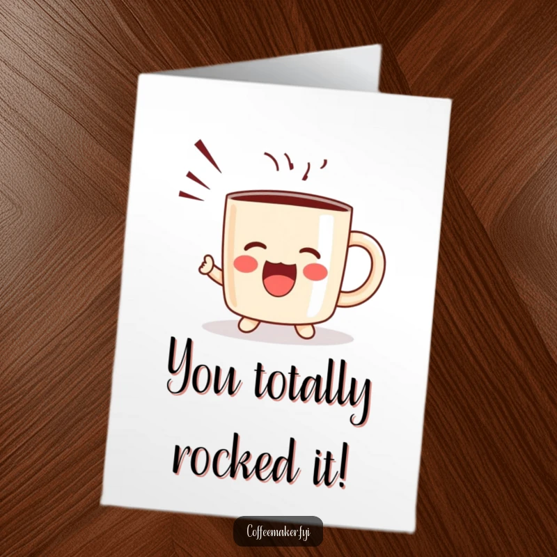 Funny Free Printable congratulations card featuring a cute kawaii coffee mug character shouting with joy, surrounded by energetic sound waves.