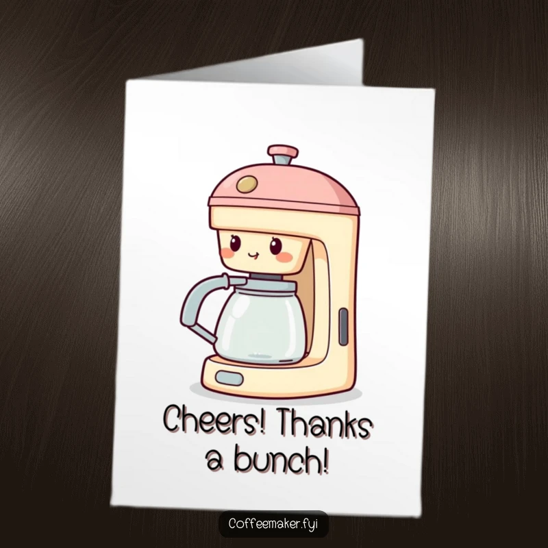 Funny free printable thank you card: A coffee maker with its spout elongated, as if cheering enthusiastically to say thank you.