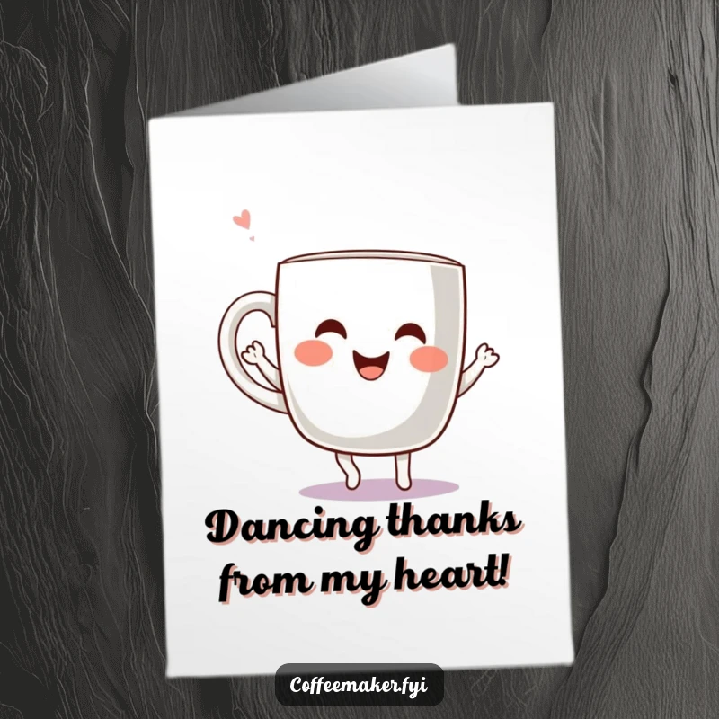 Funny Free Printable Thank You Card of a kawaii coffee mug caught mid-dance, radiating pure joy and gratitude.
