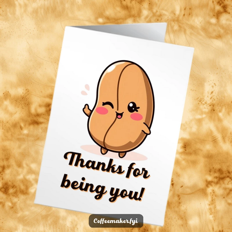 Funny Free Printable Thank You Card: Kawaii coffee bean character giving a friendly wink, great for DIY gifts.