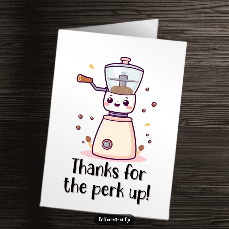 Funny Free Printable Thank You Card featuring an excited Kawaii coffee grinder sending appreciation seuqentially.