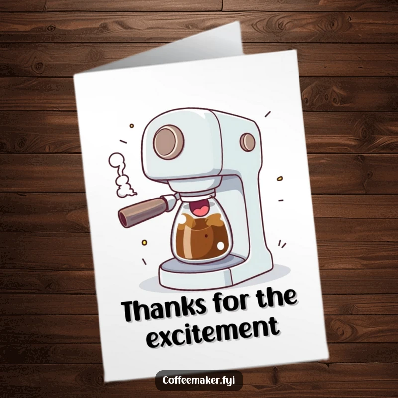 Free Printable Thank You Card: A coffee maker comically sputtering with excitement and erupting steam, conveying enthusiastic thanks.