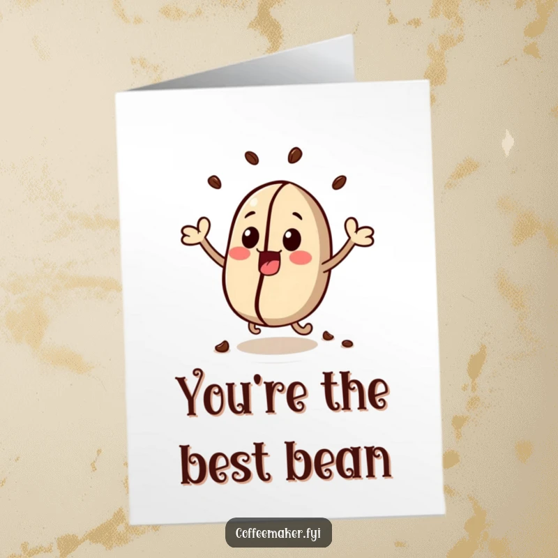 Funny Free Printable thank you card with a kawaii coffee bean character bouncing energetically to show thanks.