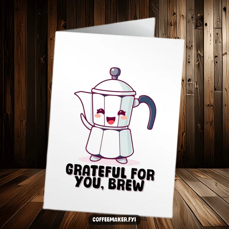 Funny Free Printable thank you card with a simple coffee pot character enthusiastically gesturing its spout to show thanks.