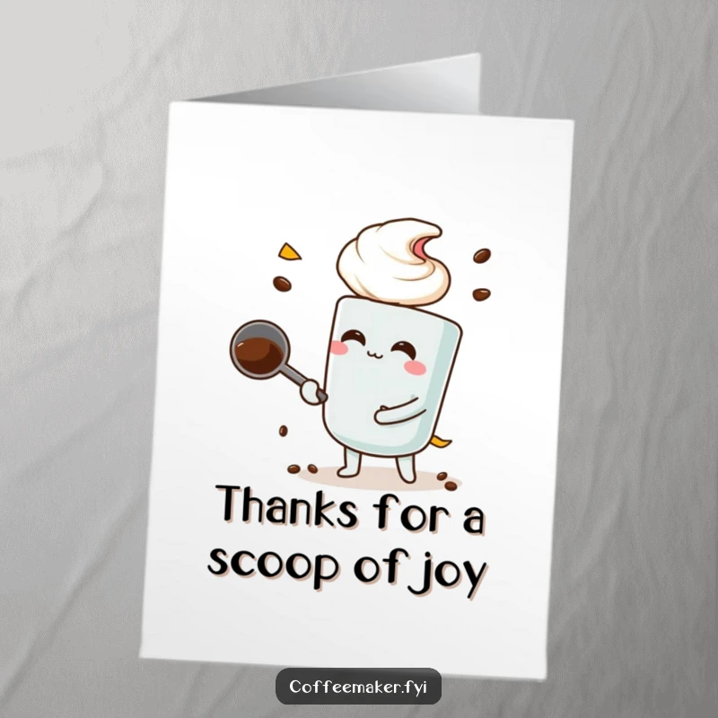 Funny Free Printable Thank You Card featuring a coffee scoop character doing a comically large scoop, conveying immense thanks.