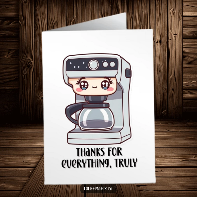 Funny free printable thank you card. A coffee maker with bright, excited eyes is thrilled to express sincere thanks.