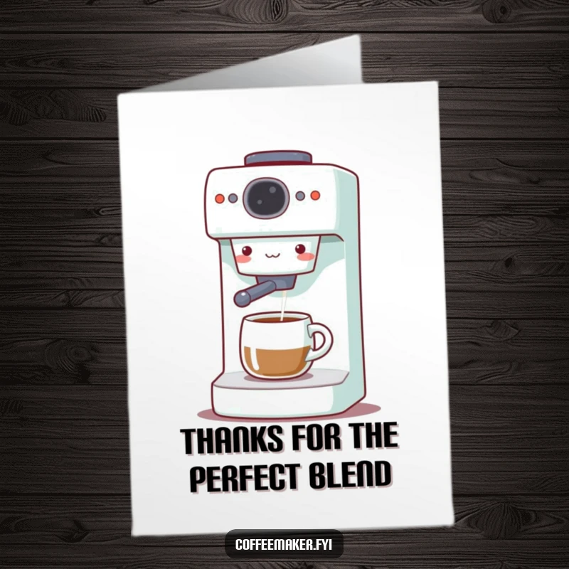 Funny free printable thank you card: A cute coffee maker machine gleefully dispensing coffee, with hearts floating, expressing thanks.