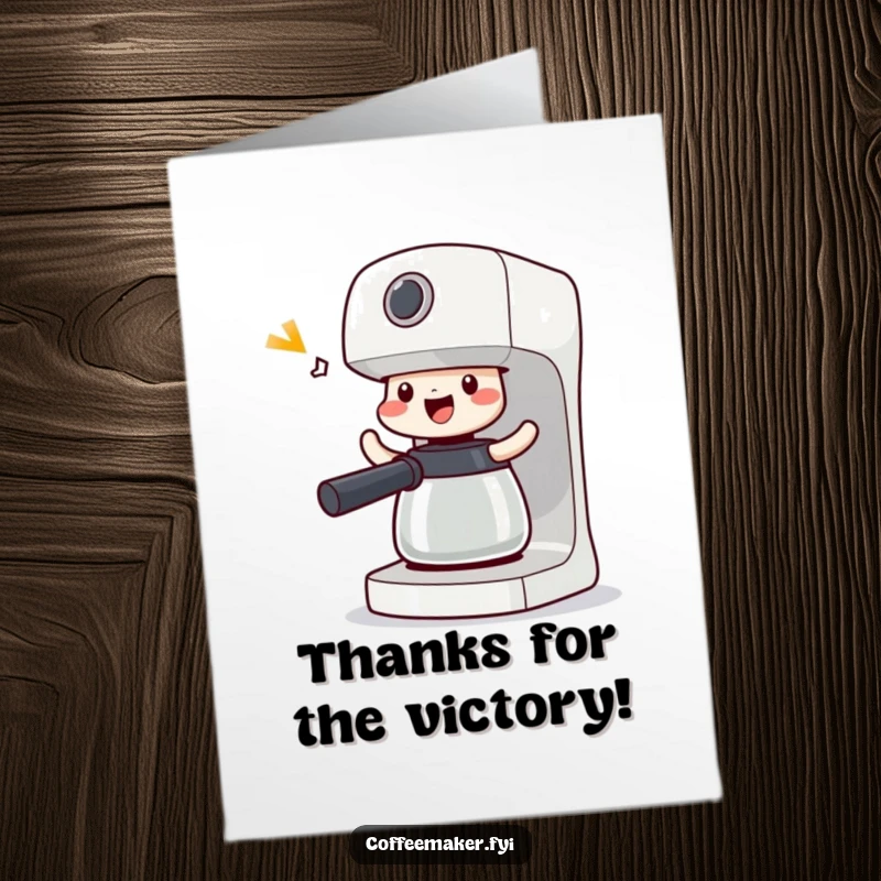 Funny free printable thank you card: A coffee maker character doing a cheerful shimmy, its spout wiggling to express thanks.