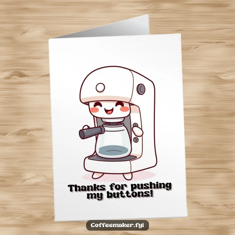 Funny Free Printable Thank You Card: Happy kawaii coffee maker jigging with buttons pressed, a joyful thank you.