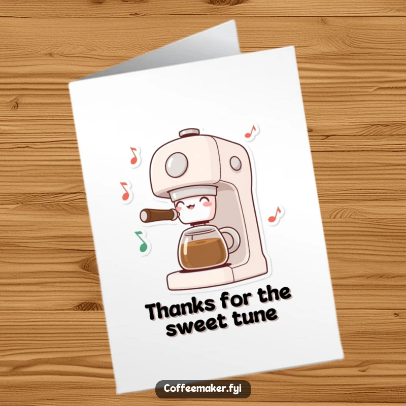 Funny free printable thank you card: A coffee maker character with dancing musical notes swirling around, conveying heartfelt thanks.