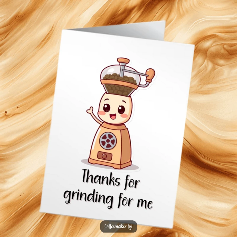 Funny Free Printable Thank You Card: Cartoonish coffee grinder character happily spinning its mechanism.