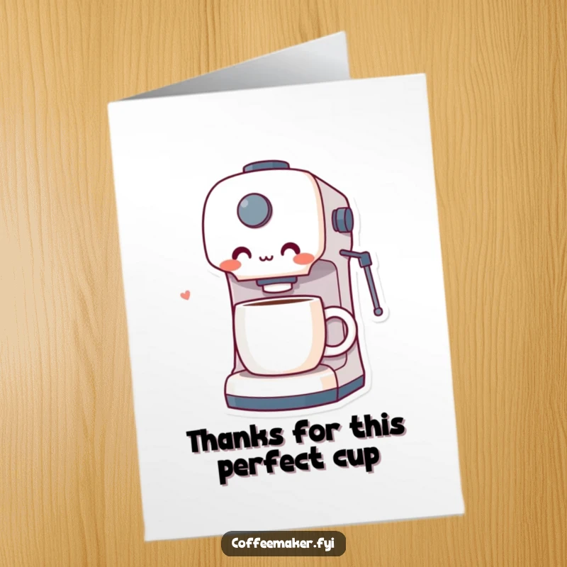 Funny Free Printable Thank You Card: Coffee maker character looking genuinely surprised and delighted by a perfect coffee.
