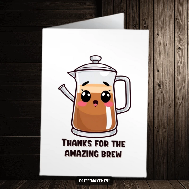 Funny Free Printable thank you card with a coffee pot character looking completely astonished, a unique way to say thanks.