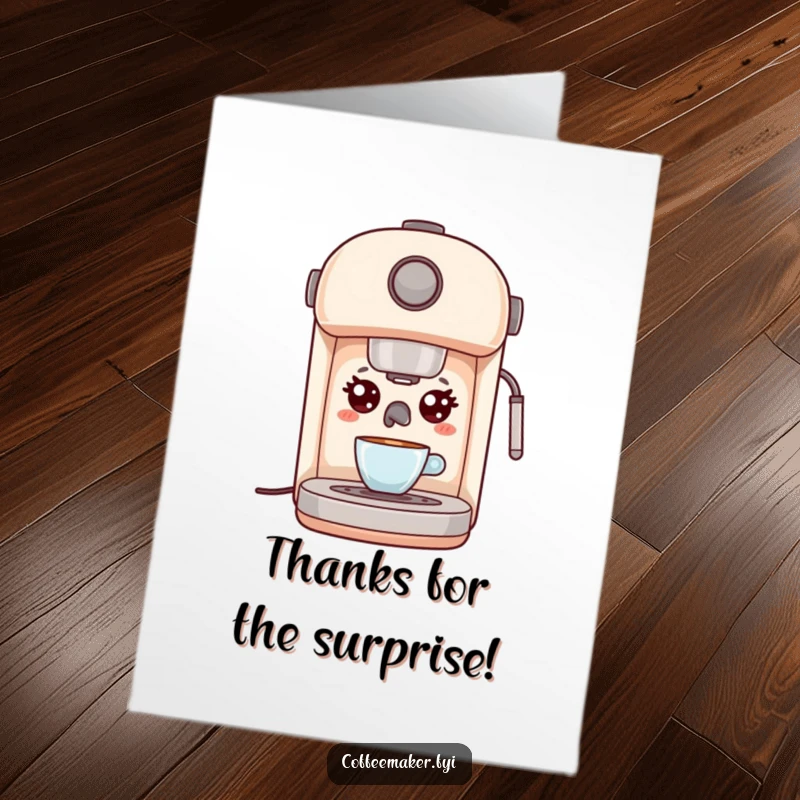 Funny Free Printable Thank You Card of a surprised kawaii espresso machine with wide eyes, making thank yous unexpectedly hilarious.