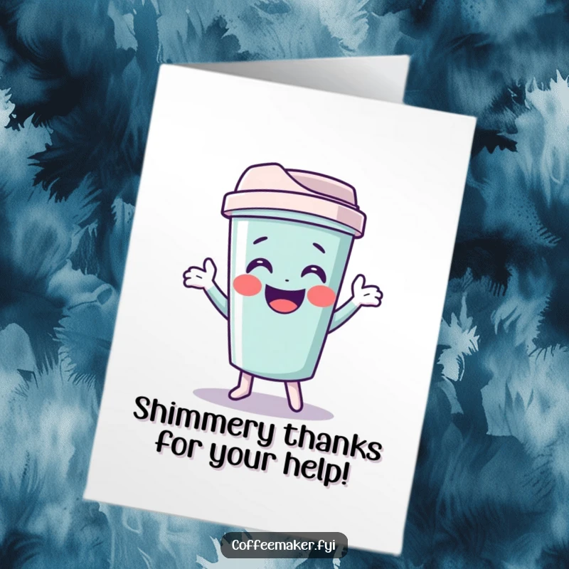 Funny Free Printable Thank You Card: Giggling travel mug character doing a funny shimmy to show thanks.