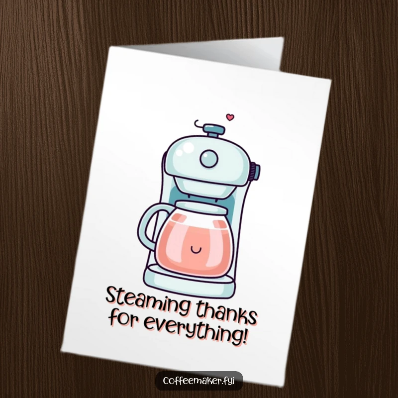 Funny Free Printable Thank You Card of a kawaii coffee maker with steam shaped like a happy smiley face.