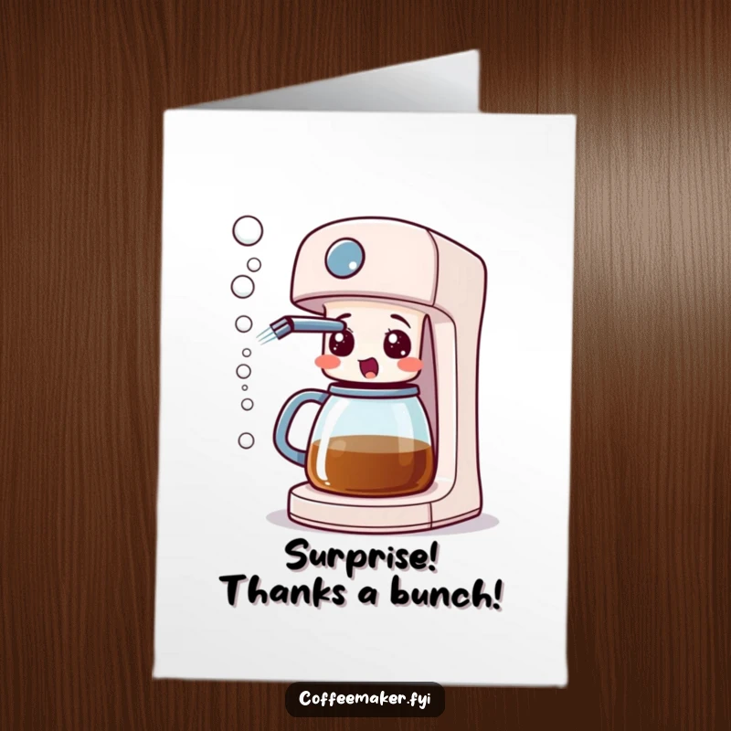 Funny Free Printable Thank You Card: A coffee maker looks surprised as its spout releases a cascade of bubbles.