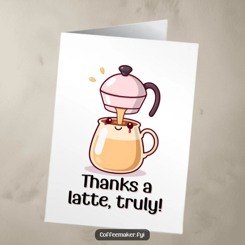 Funny Free Printable Thank You Card: Kawaii coffee pot pouring a happy stream, perfect for DIY gifts.