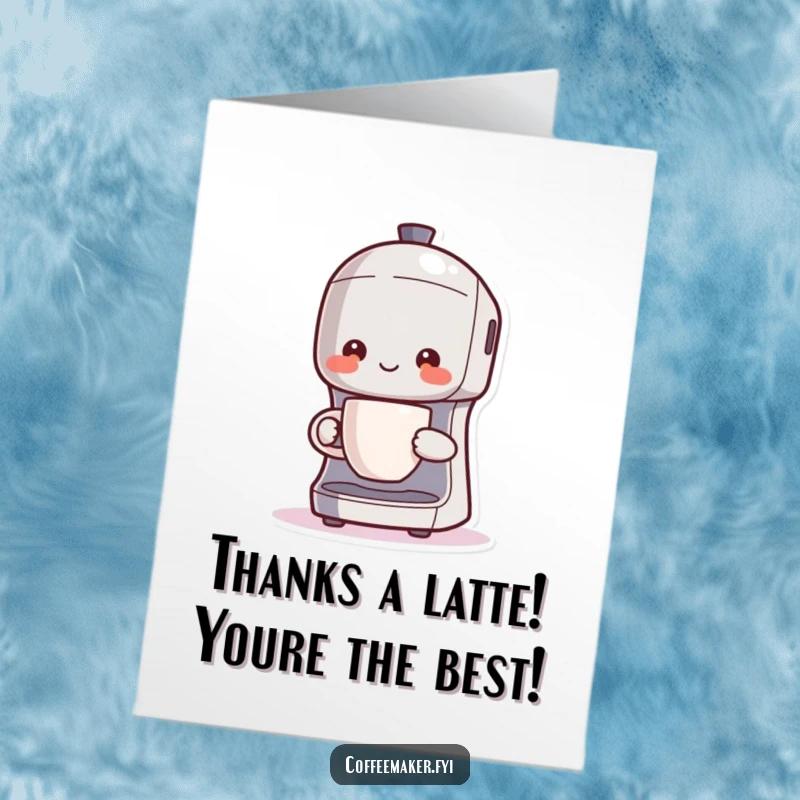 Funny Free Printable Thank You Card: Kawaii coffee maker happily presents a steaming cup, conveying heartfelt thanks.