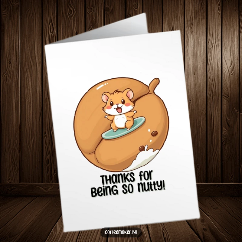 Funny Free Printable Thank You Card: A playful hamster rides a giant roasted coffee bean, conveying thanks with style. Awesome gift.