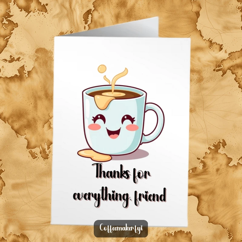 Funny Free Printable thank you card featuring a cute coffee mug character spilling a bit with a smile.