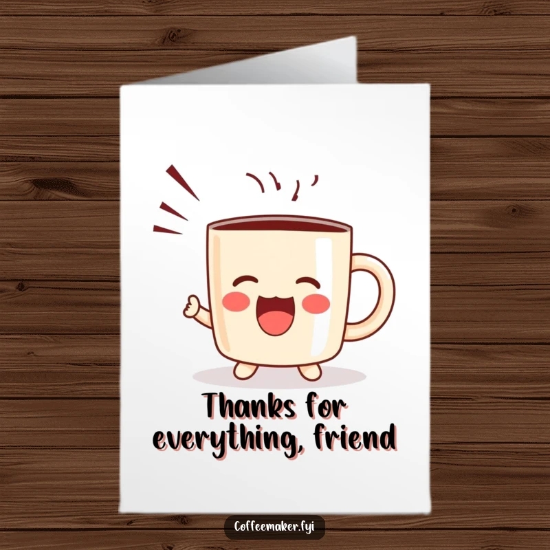 Funny Free Printable thank you card depicting a kawaii coffee mug character releasing happy sound waves, expressing heartfelt thanks.