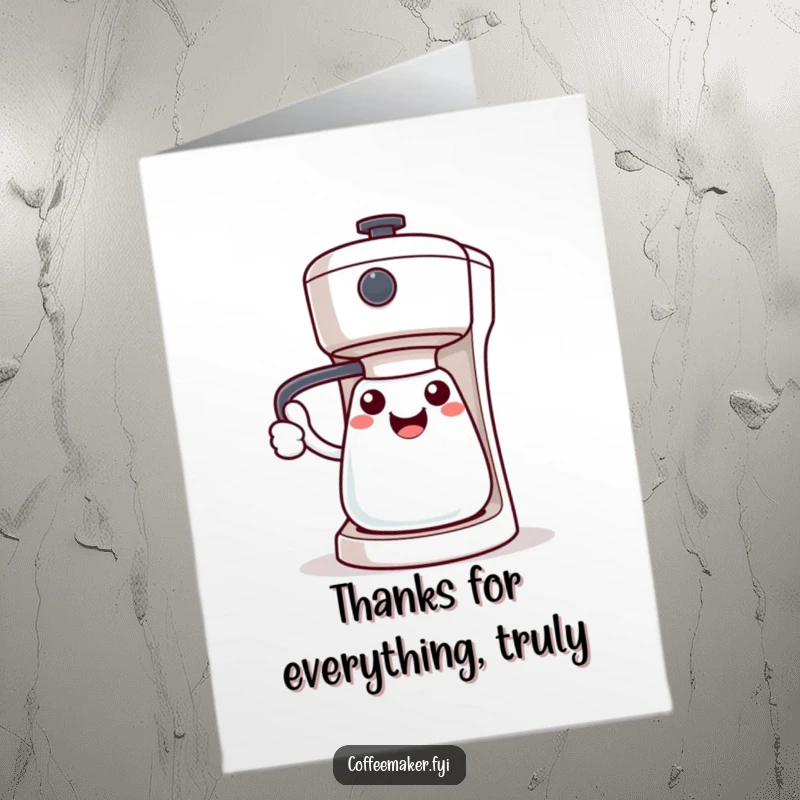 Funny Free Printable Thank You Card: Kawaii coffee maker welcomes you with a handle gesture, expressing gratitude with a smile.