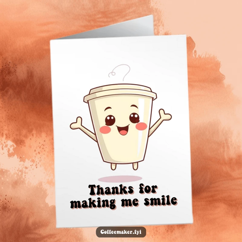 Funny Free Printable Thank You Card of a giggling kawaii coffee cup jumping with glee, perfect for a heartfelt thank you.