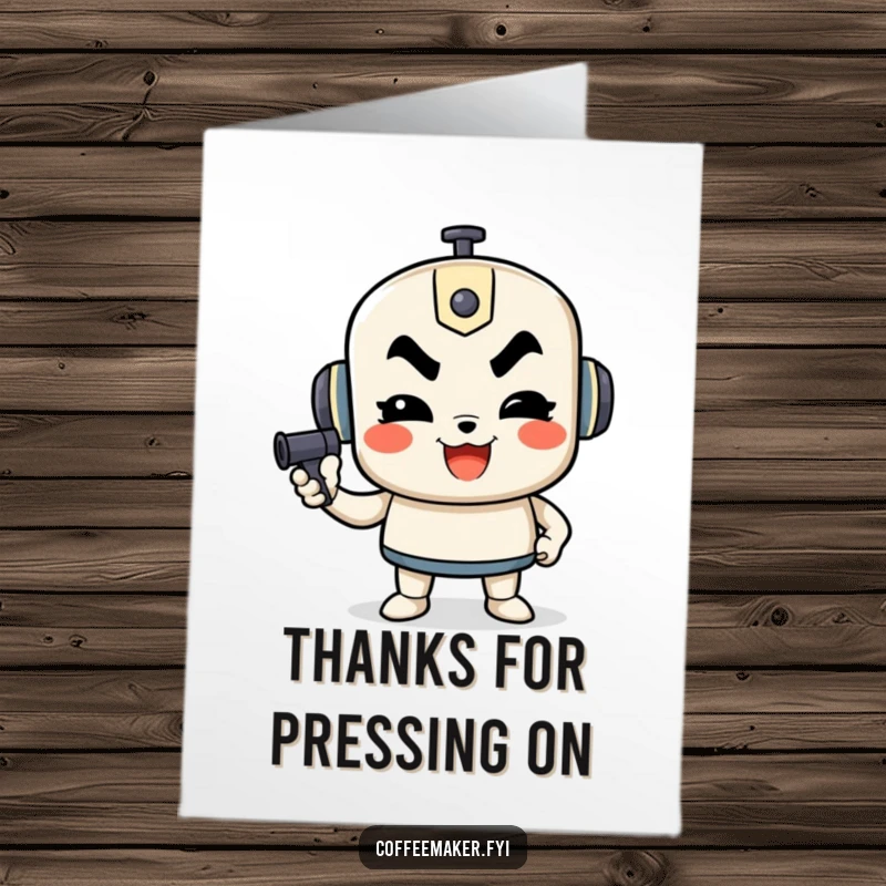 Funny Free Printable thank you card showing a happy French press character with a determined pumping action, expressing deep appreciation.