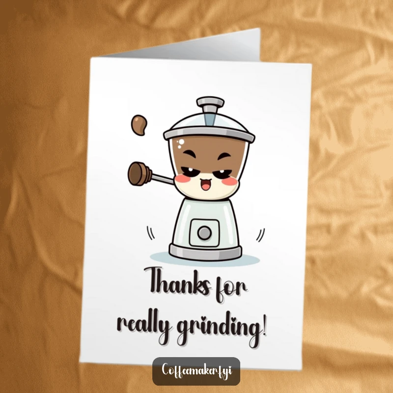 Funny Free Printable Thank You Card: A playful coffee grinder character spins rapidly with a mischievous look.