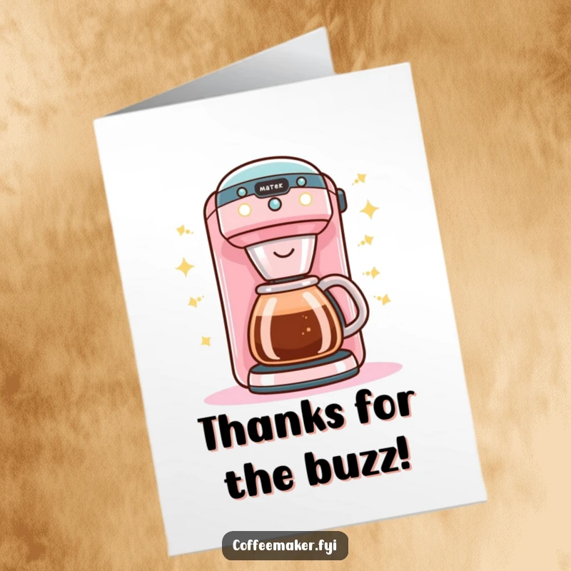 Funny Free Printable Thank You Card: A buzzing Kawaii coffee maker with bright, happy lights, ideal for DIY gifts.