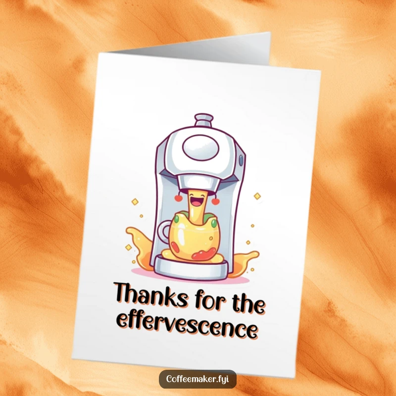 Free Printable Thank You Card: A cheerful coffee maker character releasing a cascade of colorful, sparkling liquid to express thanks.