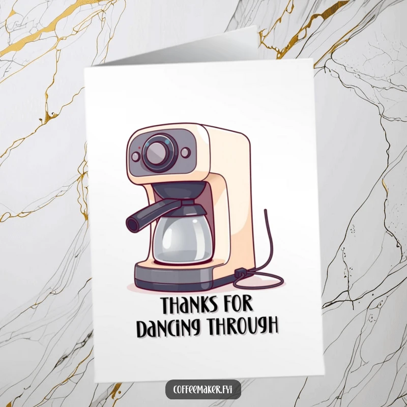 Funny Free Printable Thank You Card: A coffee maker enthusiastically performs a silly dance, its cords a blur of motion.