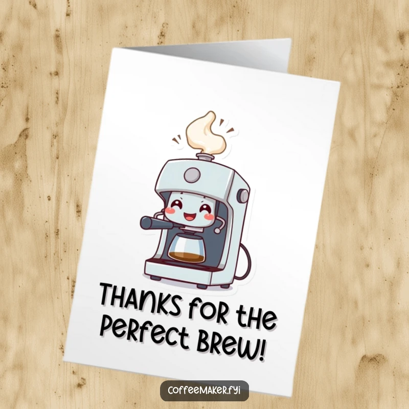 Funny Free Printable Thank You Card: A grinning coffee machine sprays a celebratory geyser of steam.