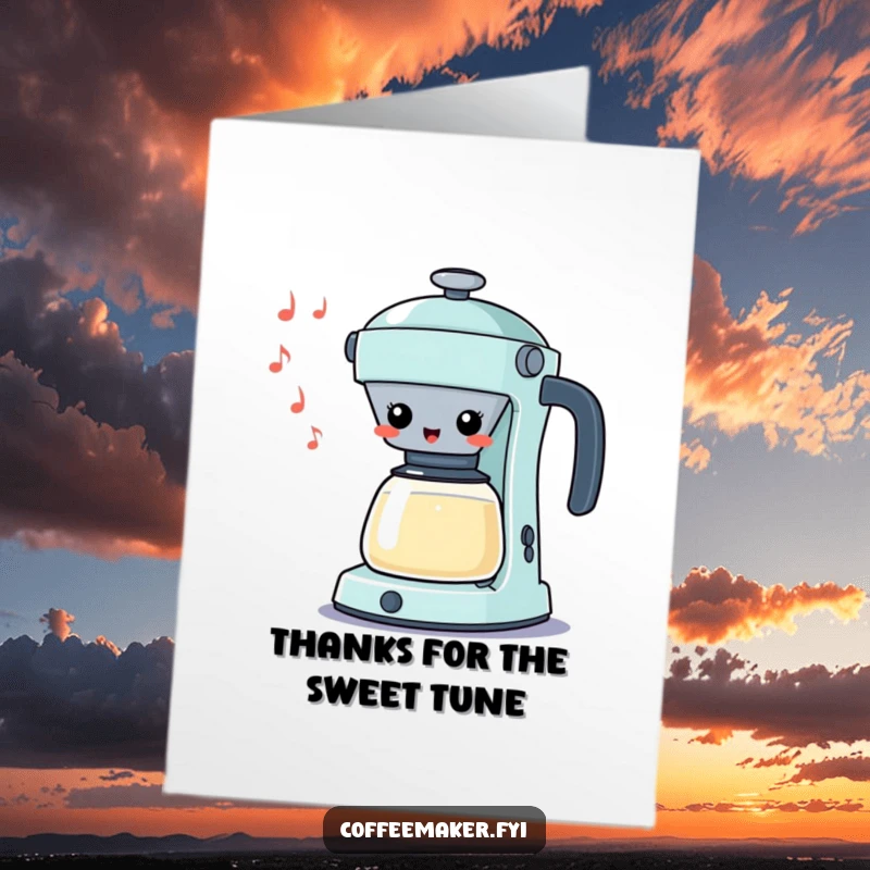 Funny Free Printable Thank You Card of a cheerful kawaii percolator whistling a silly tune, perfect for a melodious thank you.