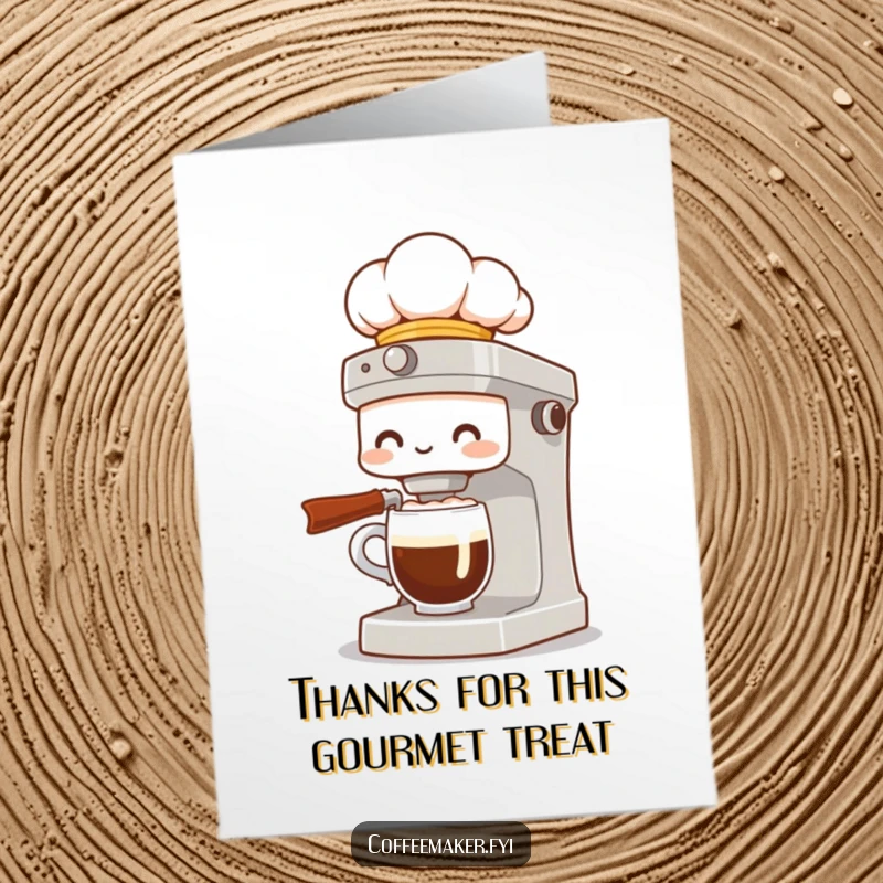Funny Free Printable Thank You Card: A coffee maker dressed as a chef, proudly presenting a fancy coffee.