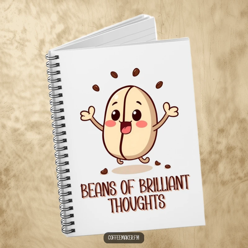 Funny notebook featuring a kawaii coffee bean character, illustrated bouncing with pure excitement.