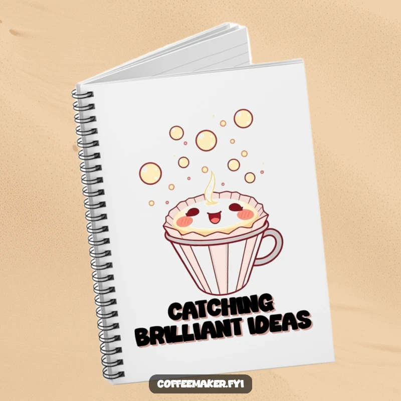 Funny Kawaii Coffee Filter Notebook with a happy character catching bubbly delight, perfect for jotting notes with humor.