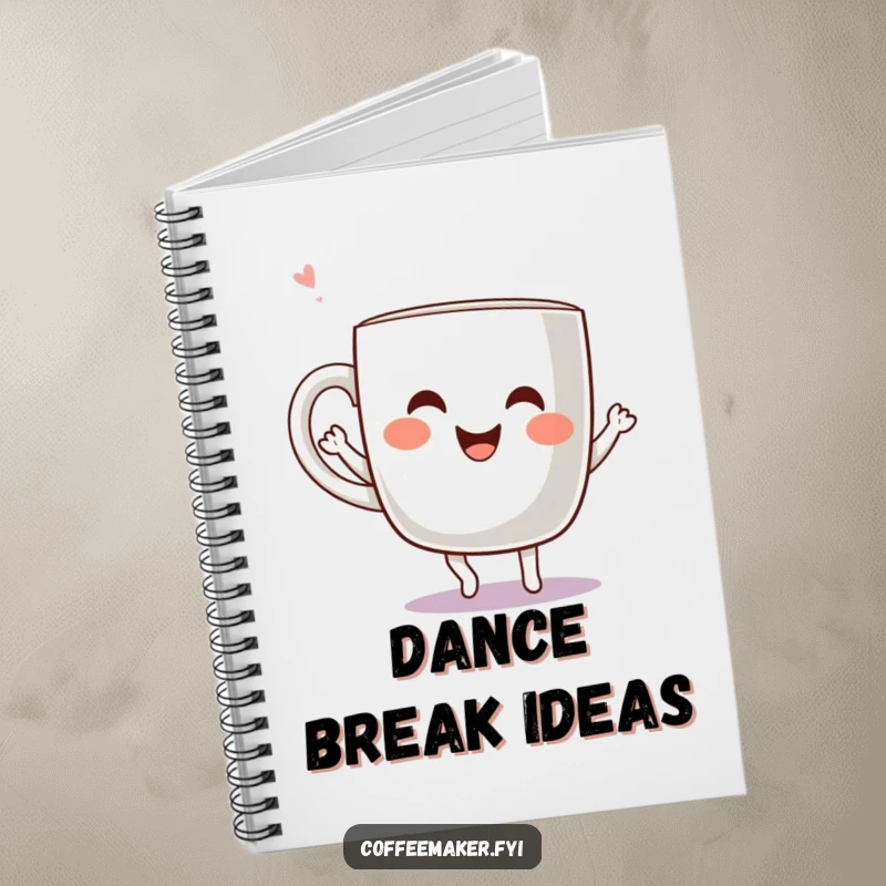 Funny Kawaii Coffee Mug Notebook featuring a cheerful mug character dancing joyfully, ideal for capturing energetic thoughts and creative ideas.