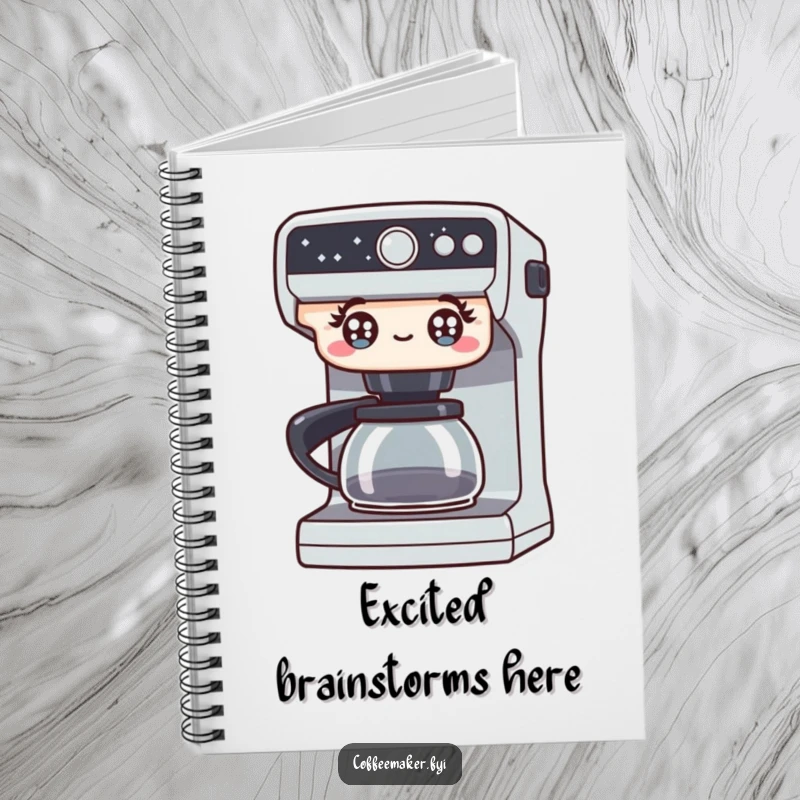 Funny notebook featuring a coffee maker with bright, excited eyes, perfect for capturing ideas with a cheerful and energetic spirit. A practical and humorous stationery item.