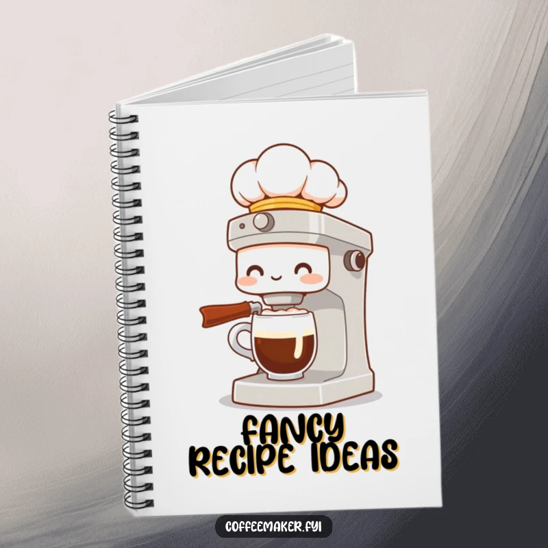Funny notebook featuring a coffee maker character in a chef hat, presenting a fancy coffee, ideal for noting recipes and ideas.