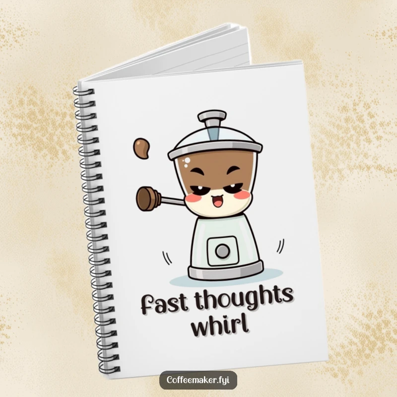 Funny Notebook: A mischievous coffee grinder character spinning rapidly, inspiring creative and playful journaling.