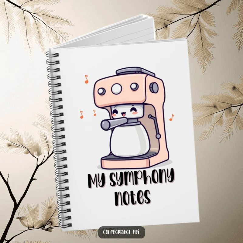 Funny notebook with a coffee maker character wiggling its knobs like a conductor, inspiring creativity and musical thoughts for note-taking.