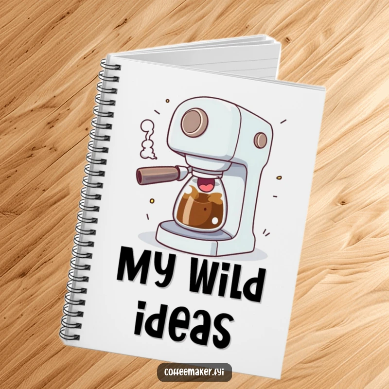 Funny coffee maker character comically sputtering with excitement, steam erupting playfully, on the cover of a notebook.